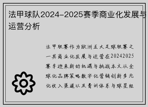 法甲球队2024-2025赛季商业化发展与运营分析